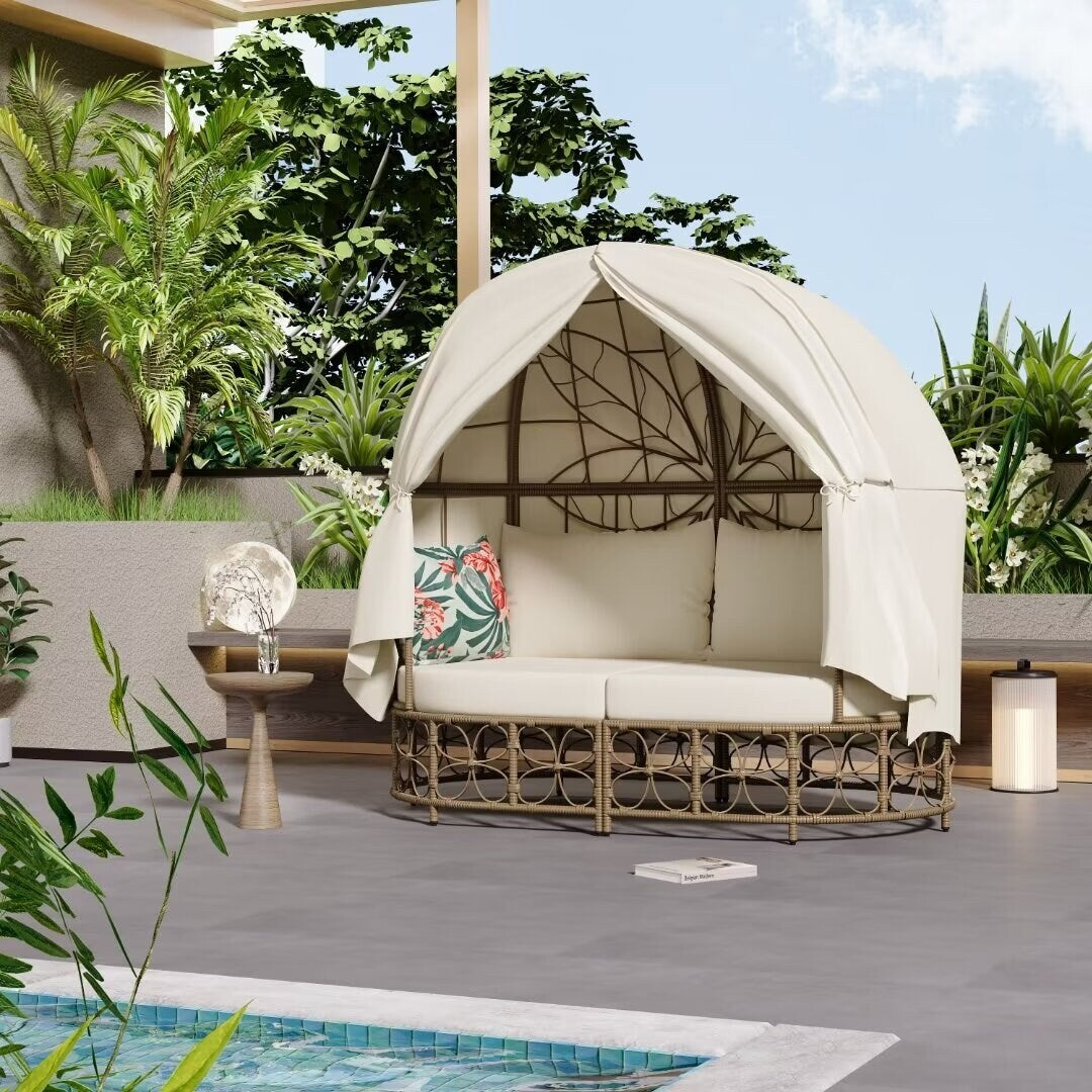Outdoor Sunbed with Colorful Pillows,with Curtain,Natural Wicker - 59.8"*57.1"*33.5"