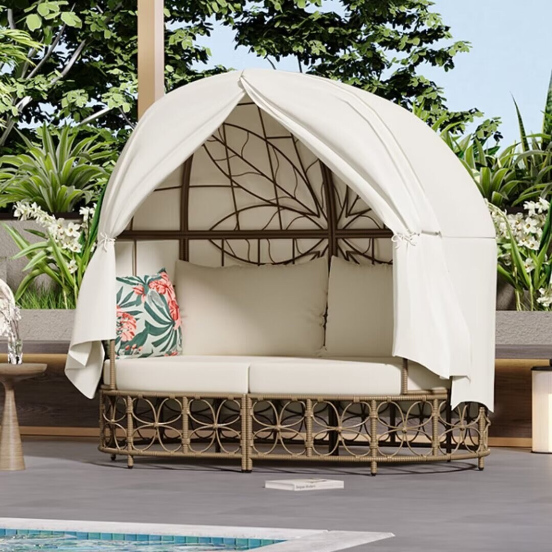 Outdoor Sunbed with Colorful Pillows,with Curtain,Natural Wicker - 59.8"*57.1"*33.5"
