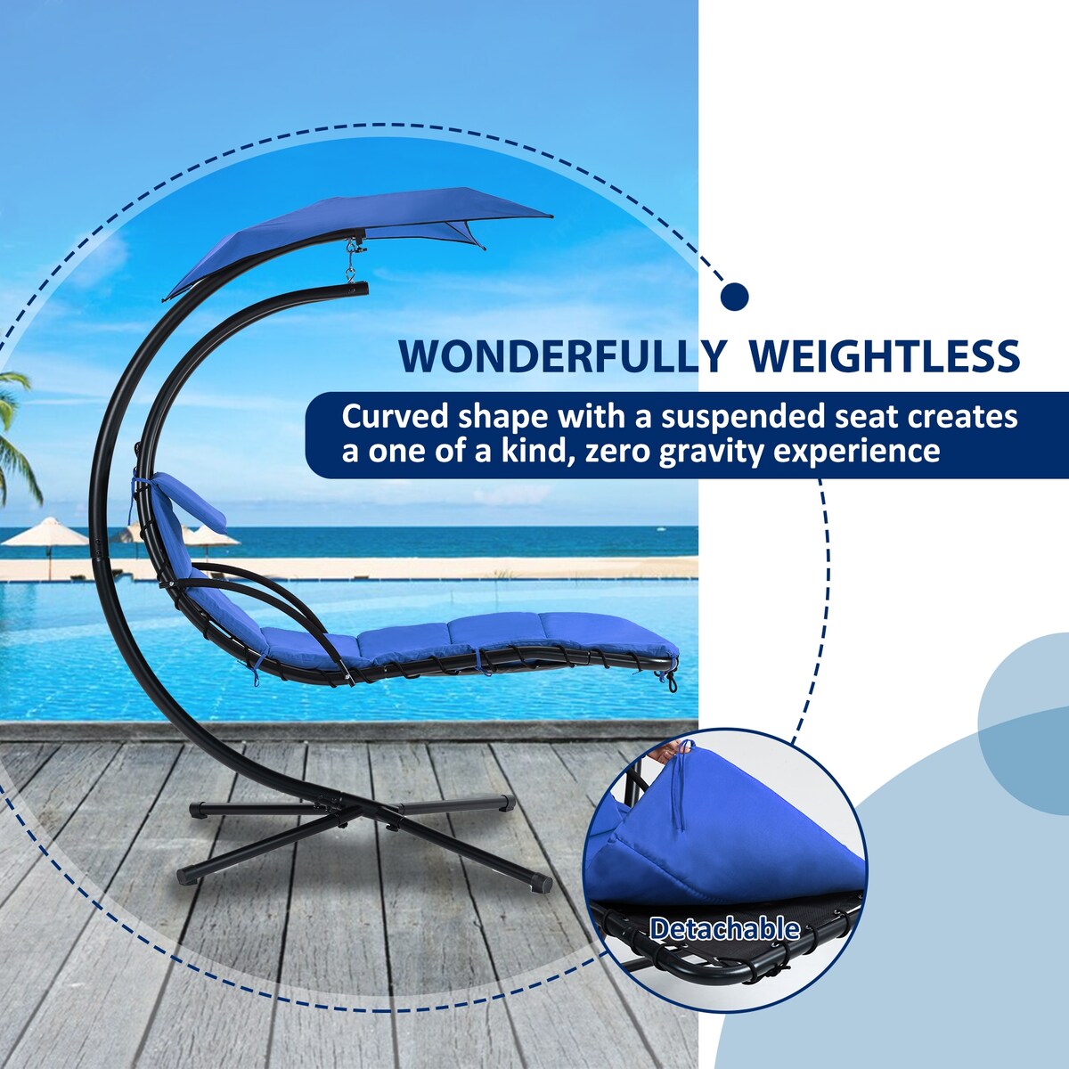 Outdoor Swing Chair with Adjustable Umbrella and Thick Cushion, Hanging Chaise Lounger with Removable Canopy