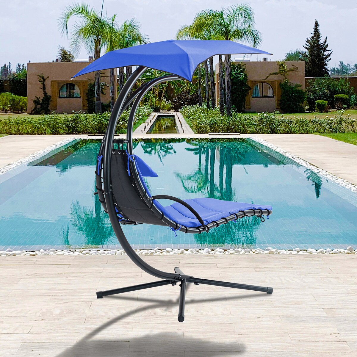 Outdoor Swing Chair with Adjustable Umbrella and Thick Cushion, Hanging Chaise Lounger with Removable Canopy