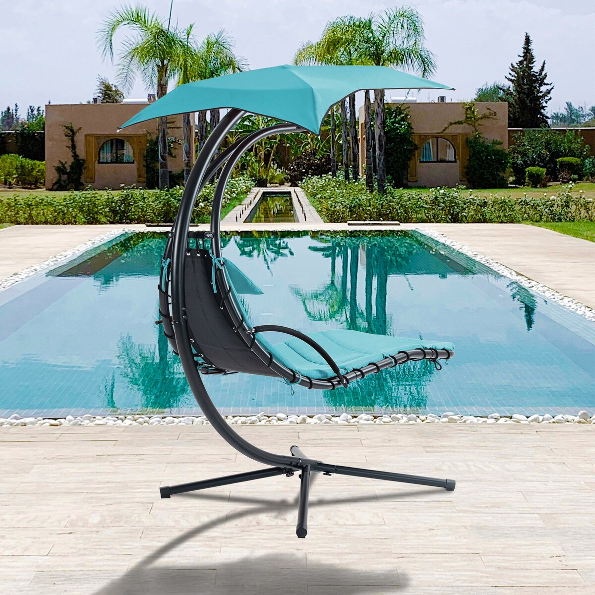 Outdoor Swing Chair with Adjustable Umbrella and Thick Cushion, Hanging Chaise Lounger with Removable Canopy
