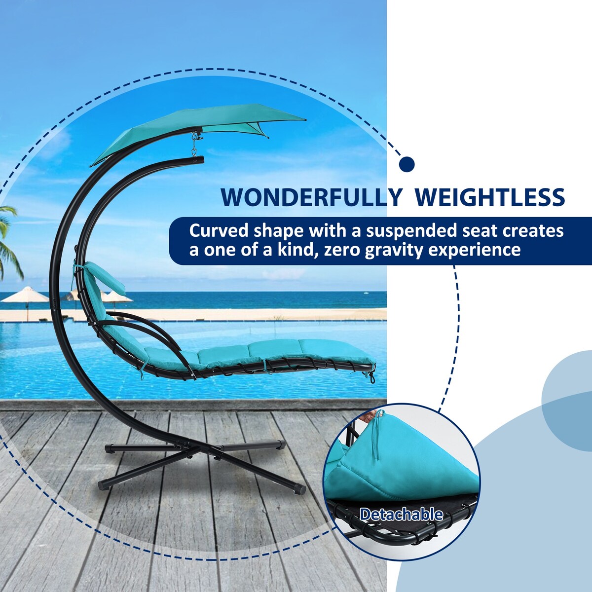 Outdoor Swing Chair with Adjustable Umbrella and Thick Cushion, Hanging Chaise Lounger with Removable Canopy