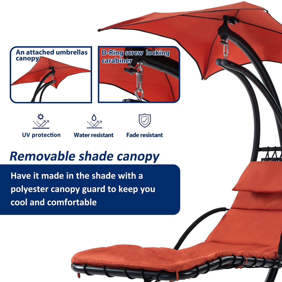 Outdoor Swing Chair with Adjustable Umbrella and Thick Cushion, Hanging Chaise Lounger with Removable Canopy