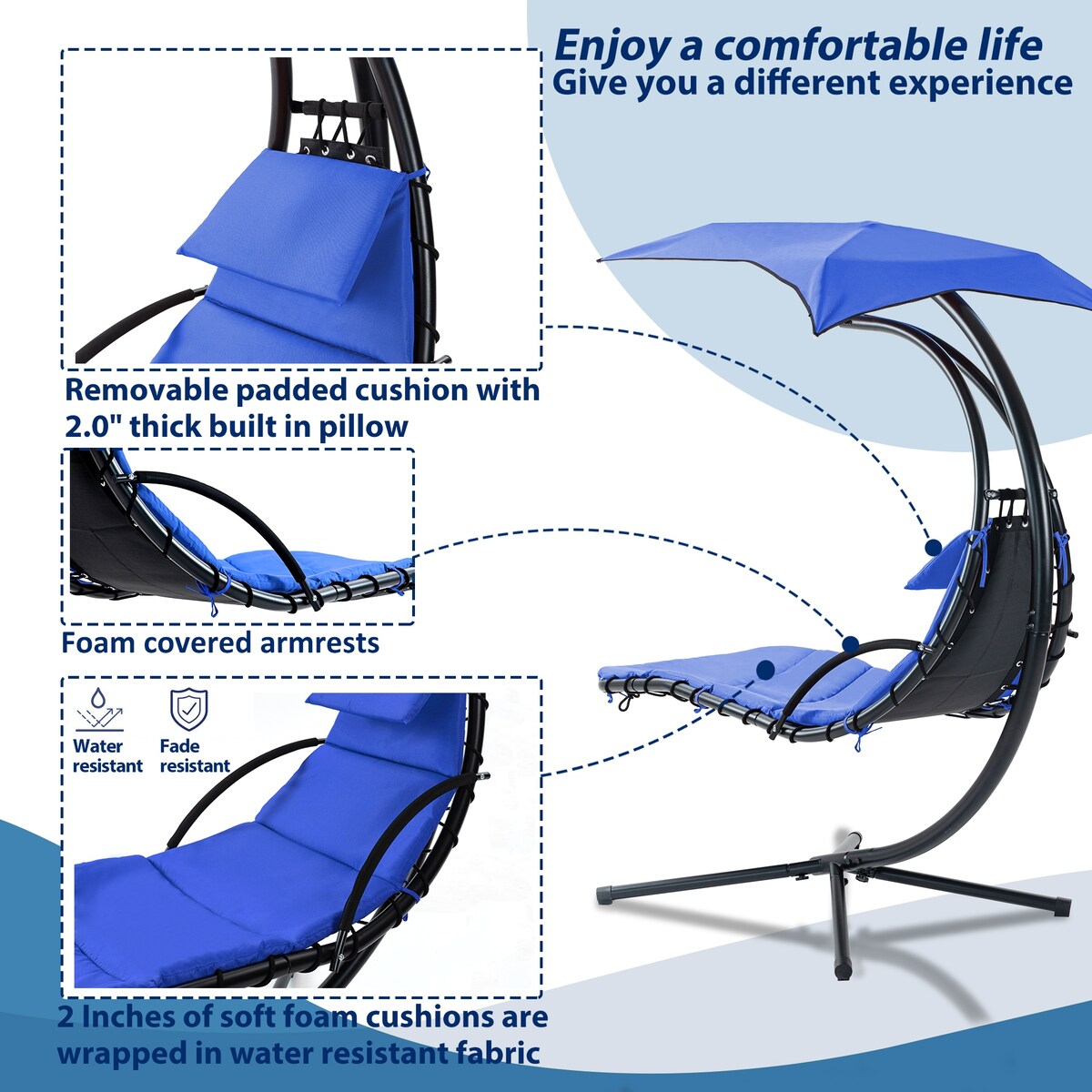 Outdoor Swing Chair with Adjustable Umbrella and Thick Cushion, Hanging Chaise Lounger with Removable Canopy