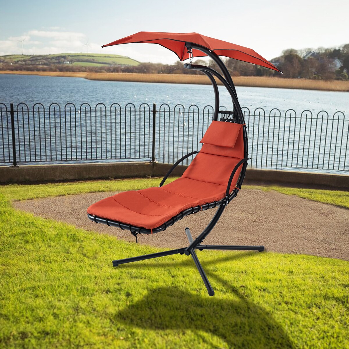 Outdoor Swing Chair with Adjustable Umbrella and Thick Cushion, Hanging Chaise Lounger with Removable Canopy