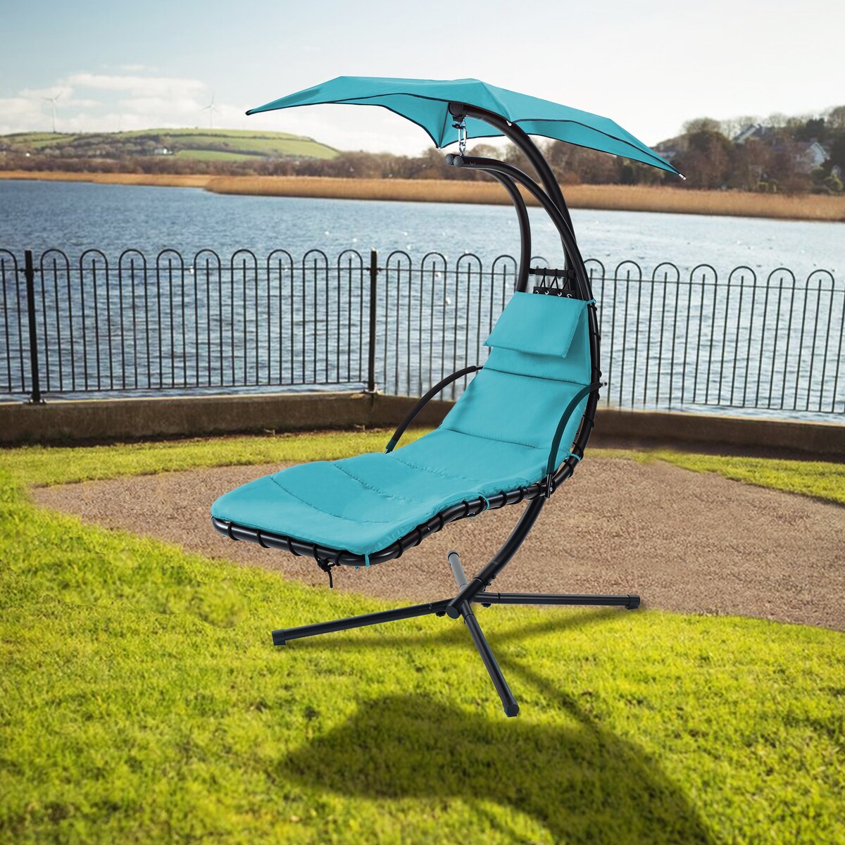 Outdoor Swing Chair with Adjustable Umbrella and Thick Cushion, Hanging Chaise Lounger with Removable Canopy