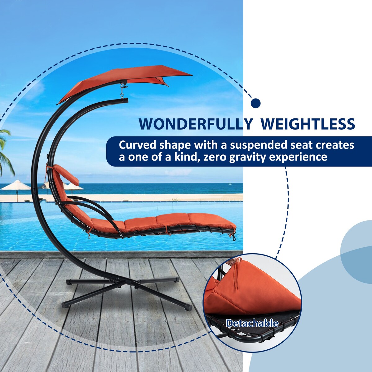 Outdoor Swing Chair with Adjustable Umbrella and Thick Cushion, Hanging Chaise Lounger with Removable Canopy