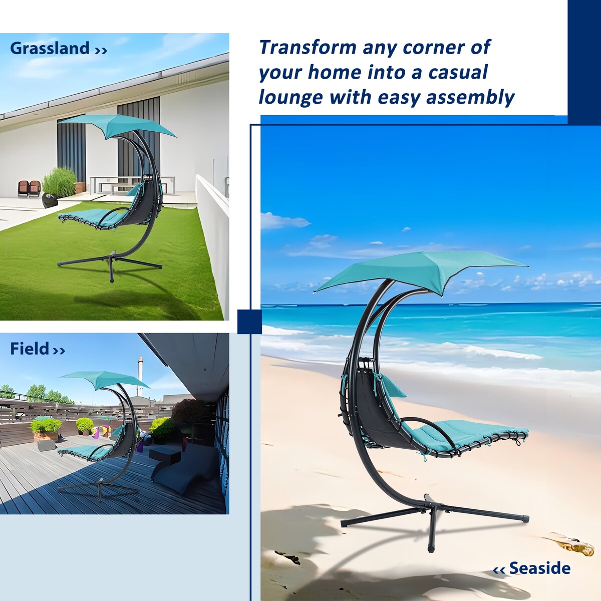 Outdoor Swing Chair with Adjustable Umbrella and Thick Cushion, Hanging Chaise Lounger with Removable Canopy