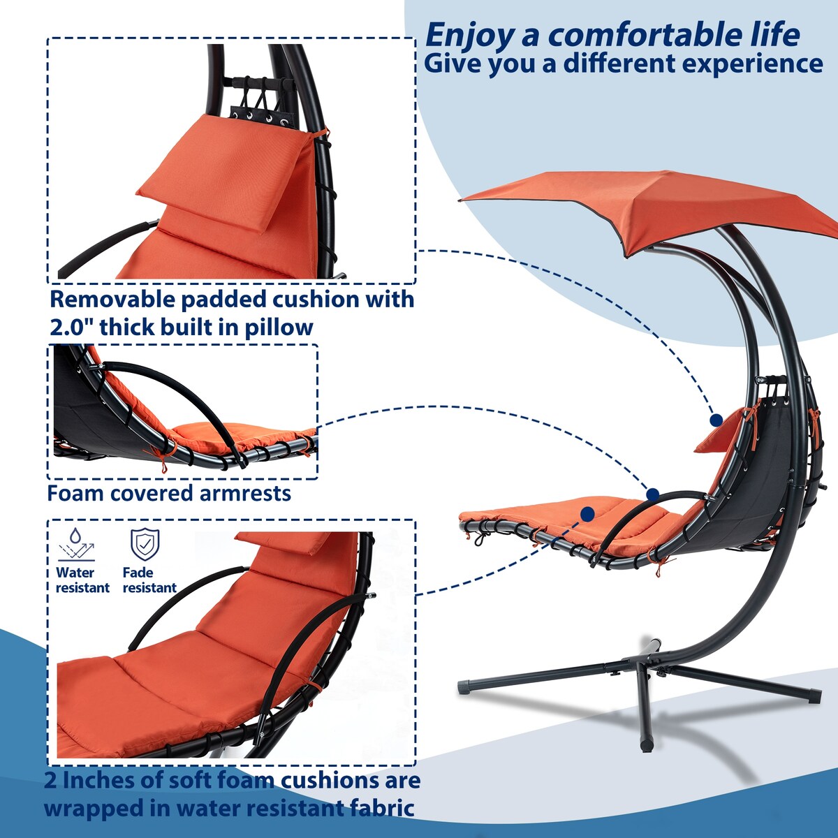 Outdoor Swing Chair with Adjustable Umbrella and Thick Cushion, Hanging Chaise Lounger with Removable Canopy