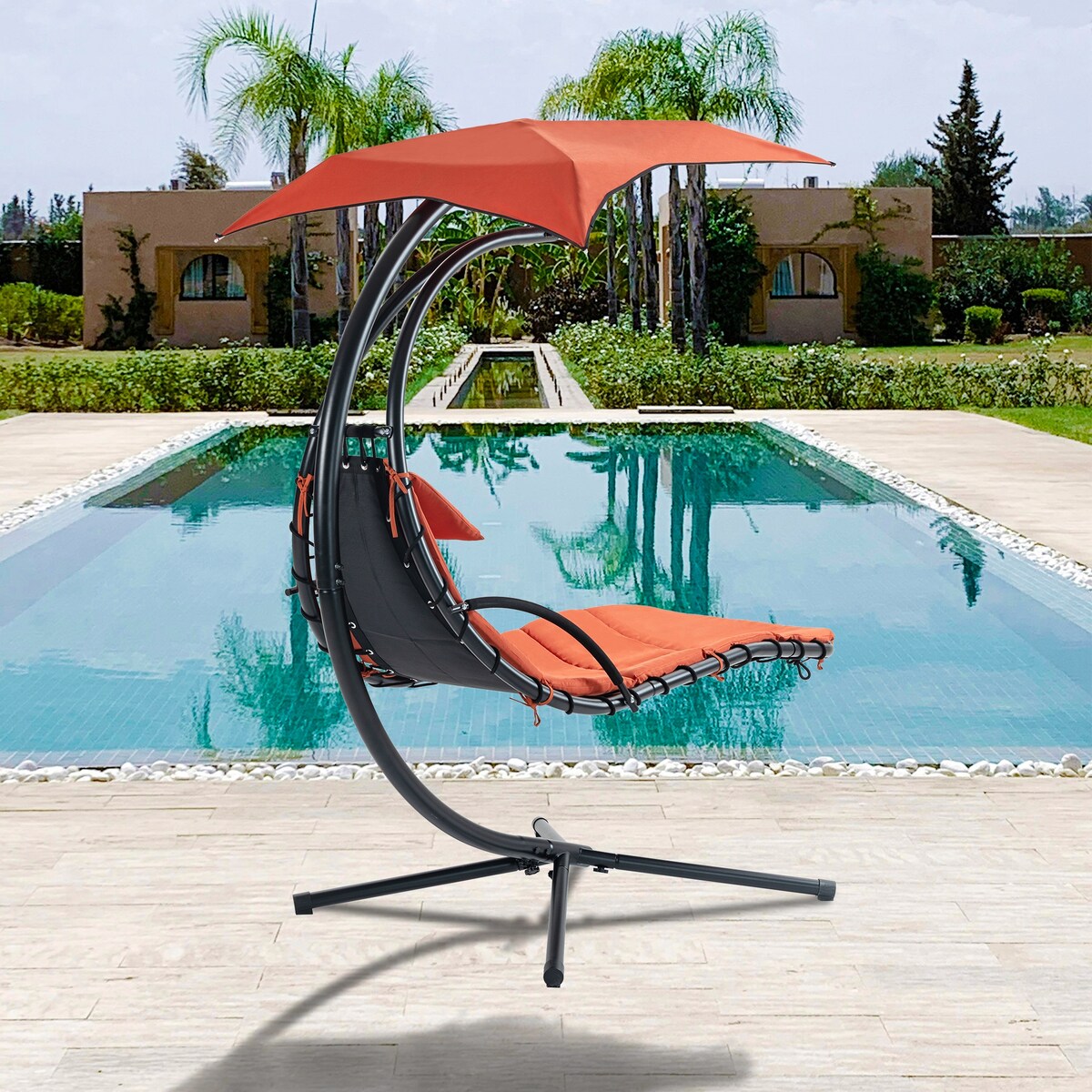 Outdoor Swing Chair with Adjustable Umbrella and Thick Cushion, Hanging Chaise Lounger with Removable Canopy