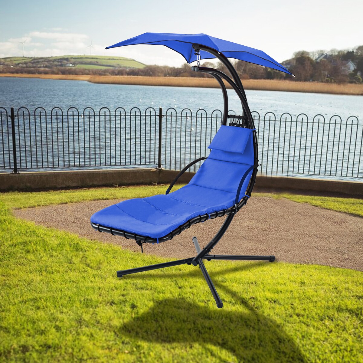 Outdoor Swing Chair with Adjustable Umbrella and Thick Cushion, Hanging Chaise Lounger with Removable Canopy