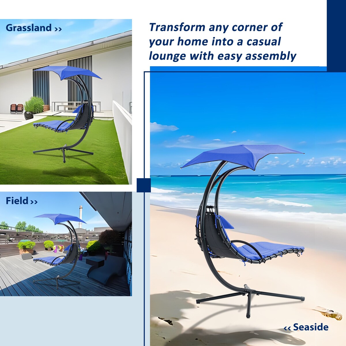 Outdoor Swing Chair with Adjustable Umbrella and Thick Cushion, Hanging Chaise Lounger with Removable Canopy