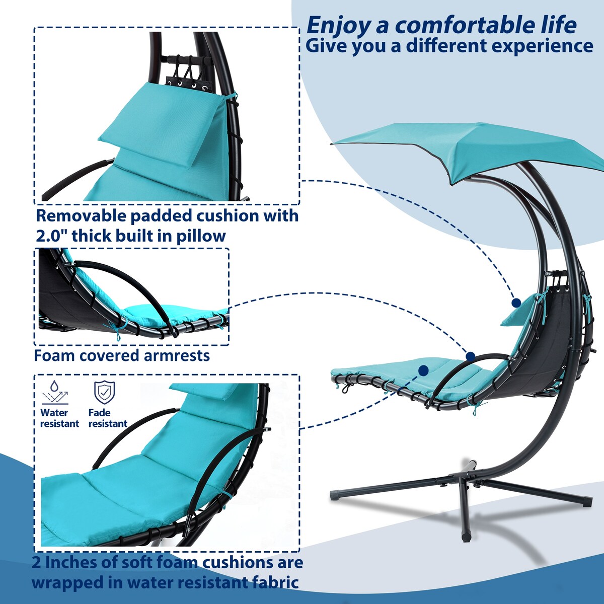 Outdoor Swing Chair with Adjustable Umbrella and Thick Cushion, Hanging Chaise Lounger with Removable Canopy