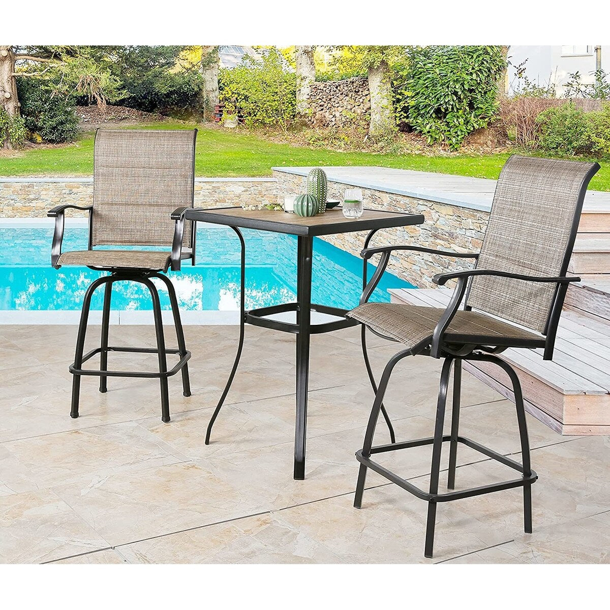 Outdoor Swivel Bar Stools Patio Sling Bar Chairs Padded with Quick Dry Foam, Set of 2