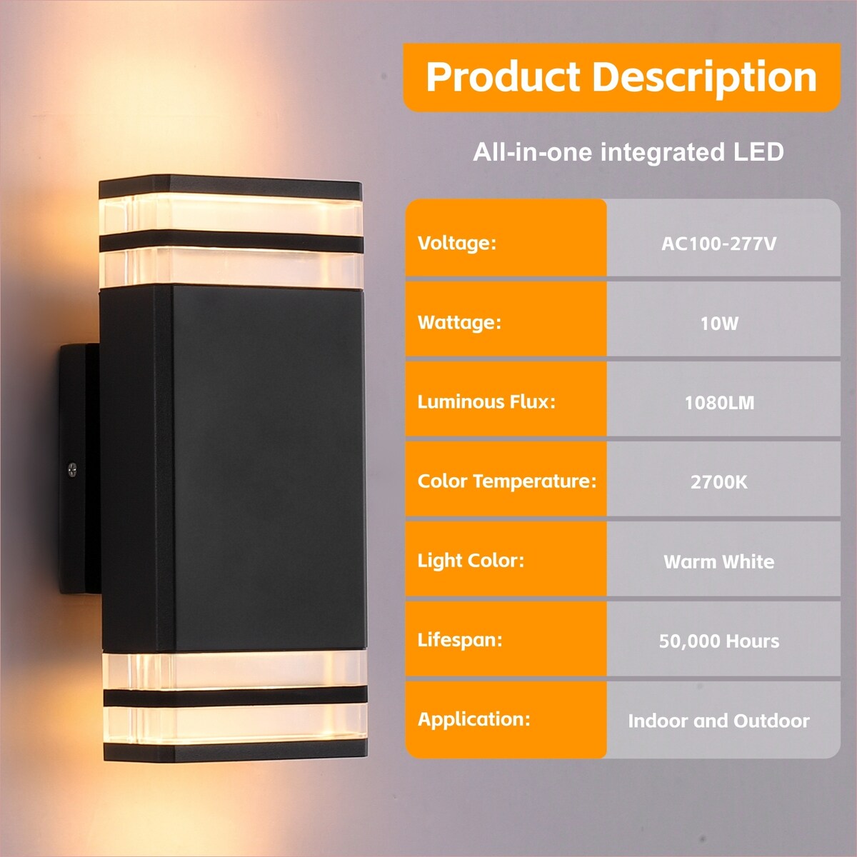 Outdoor Wall Lights 2Pack, Integrated LED Wall Sconce, Aluminum IP65 Waterproof