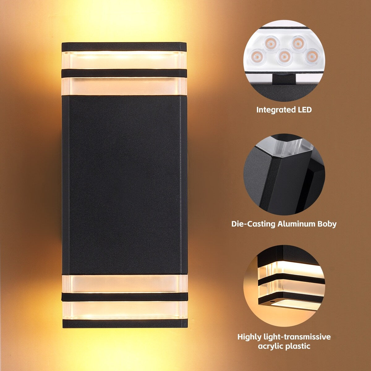 Outdoor Wall Lights 2Pack, Integrated LED Wall Sconce, Aluminum IP65 Waterproof