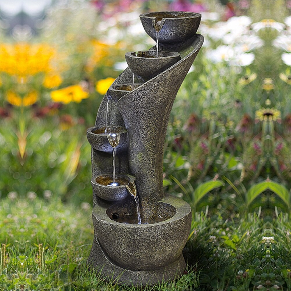 Outdoor Water Fountain w/Light Modern Curved Water Feature for Home