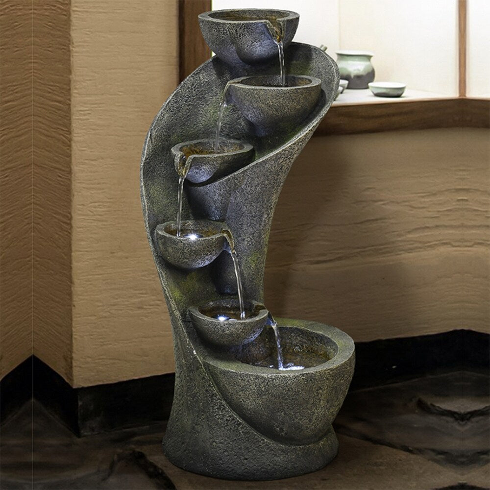 Outdoor Water Fountain w/Light Modern Curved Water Feature for Home