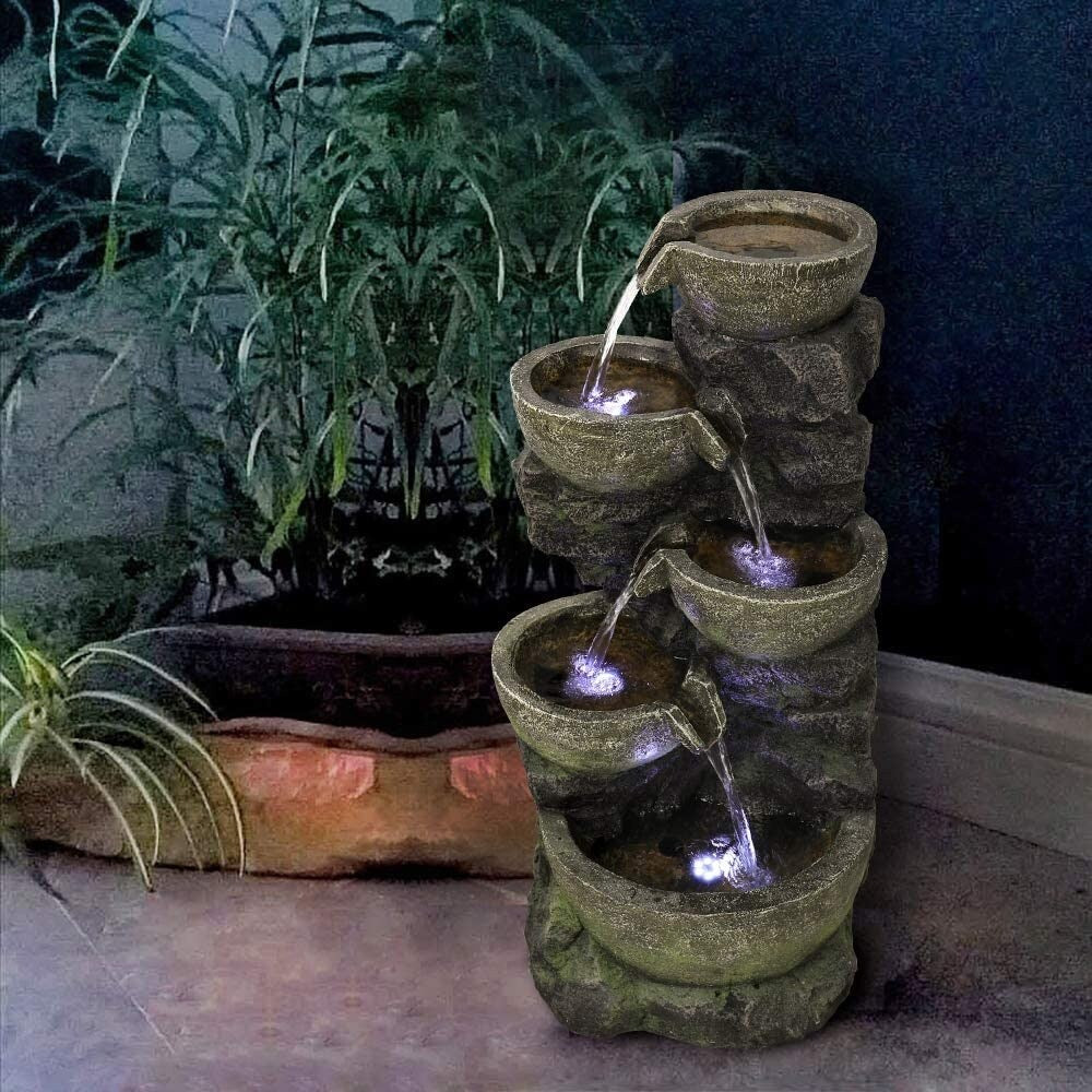 Outdoor Water Fountain with LED Light Tiered Rock Waterfalls Fountain