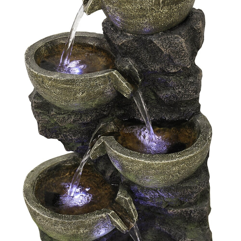 Outdoor Water Fountain with LED Light Tiered Rock Waterfalls Fountain