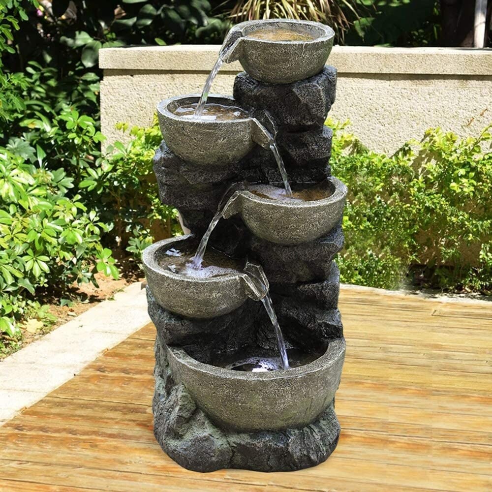 Outdoor Water Fountain with LED Light Tiered Rock Waterfalls Fountain
