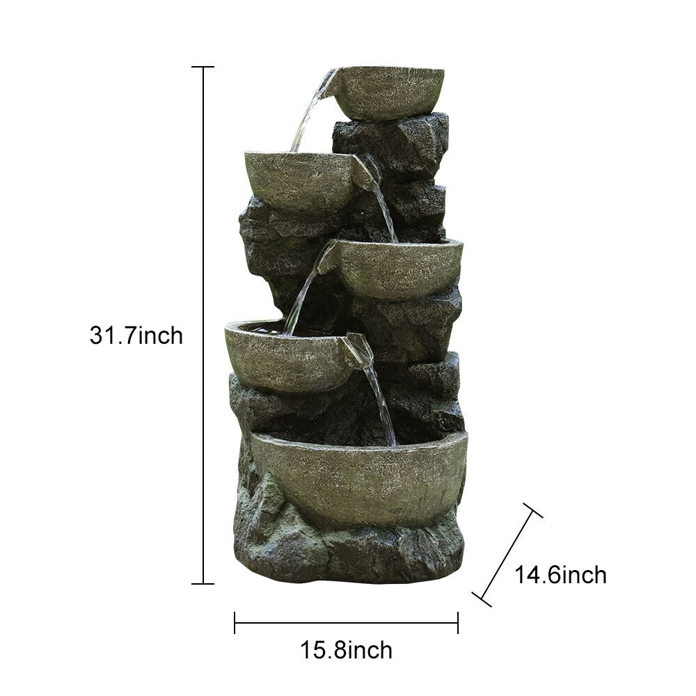 Outdoor Water Fountain with LED Light Tiered Rock Waterfalls Fountain