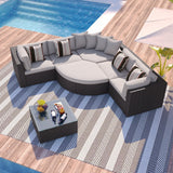 Outdoor Wicker 7-piece Sofa Set with Gray Cushions and Glass Table