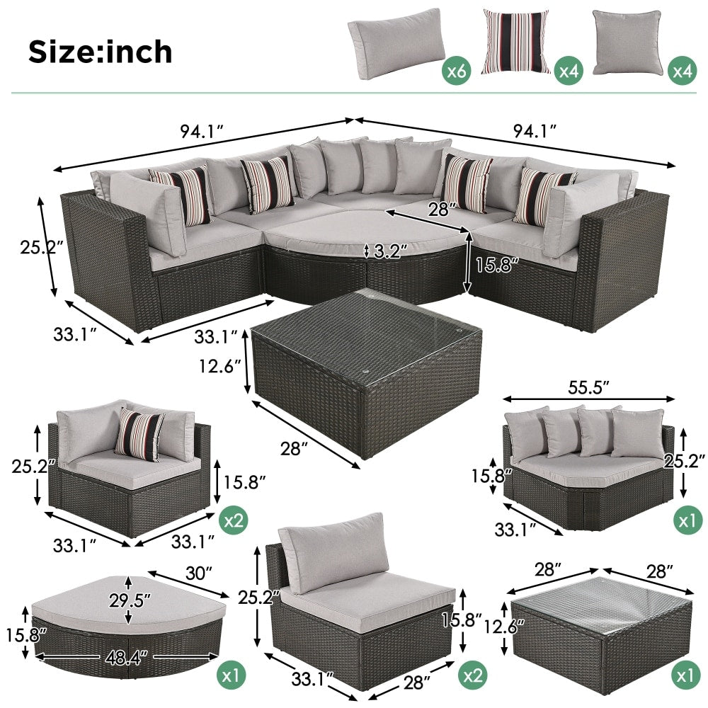 Outdoor Wicker 7-piece Sofa Set with Gray Cushions and Glass Table
