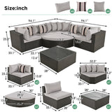 Outdoor Wicker 7-piece Sofa Set with Gray Cushions and Glass Table