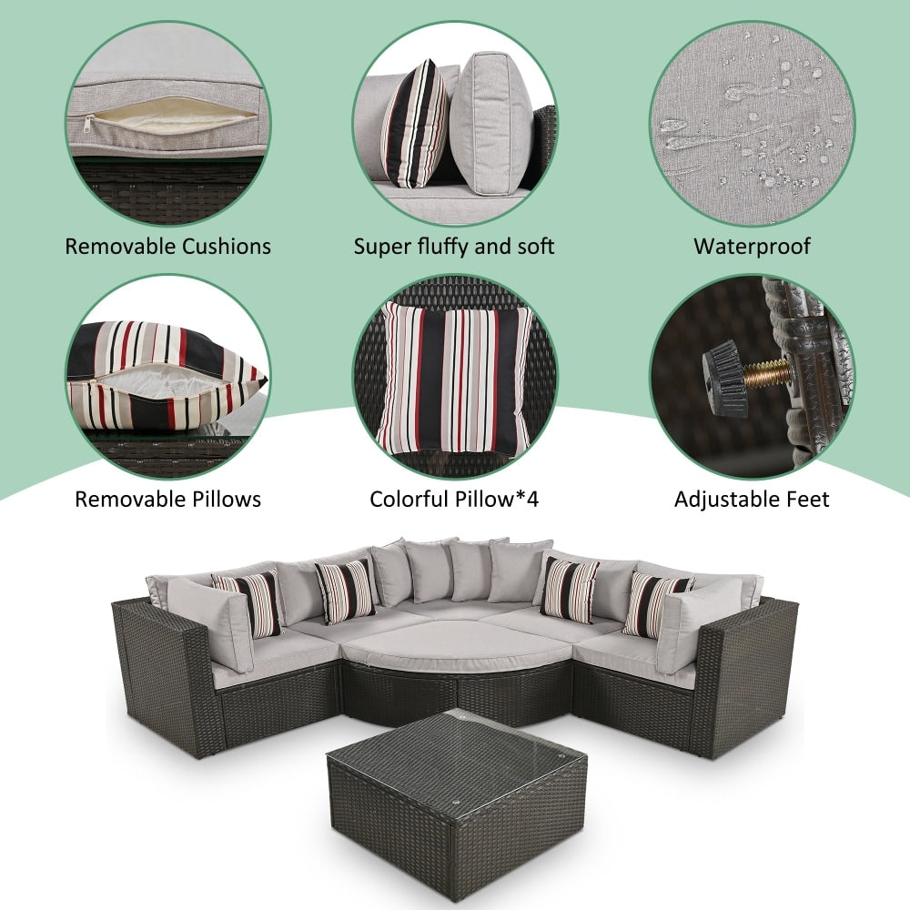 Outdoor Wicker 7-piece Sofa Set with Gray Cushions and Glass Table