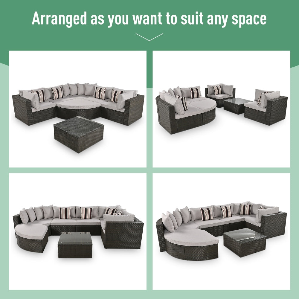 Outdoor Wicker 7-piece Sofa Set with Gray Cushions and Glass Table