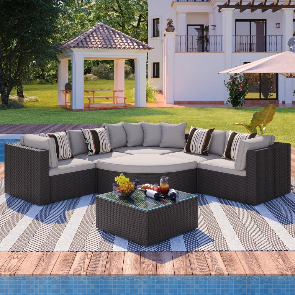 Outdoor Wicker 7-piece Sofa Set with Gray Cushions and Glass Table