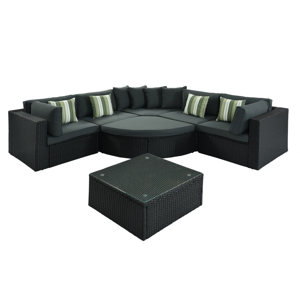 Outdoor Wicker 7-piece Sofa Set with Gray Cushions and Glass Table