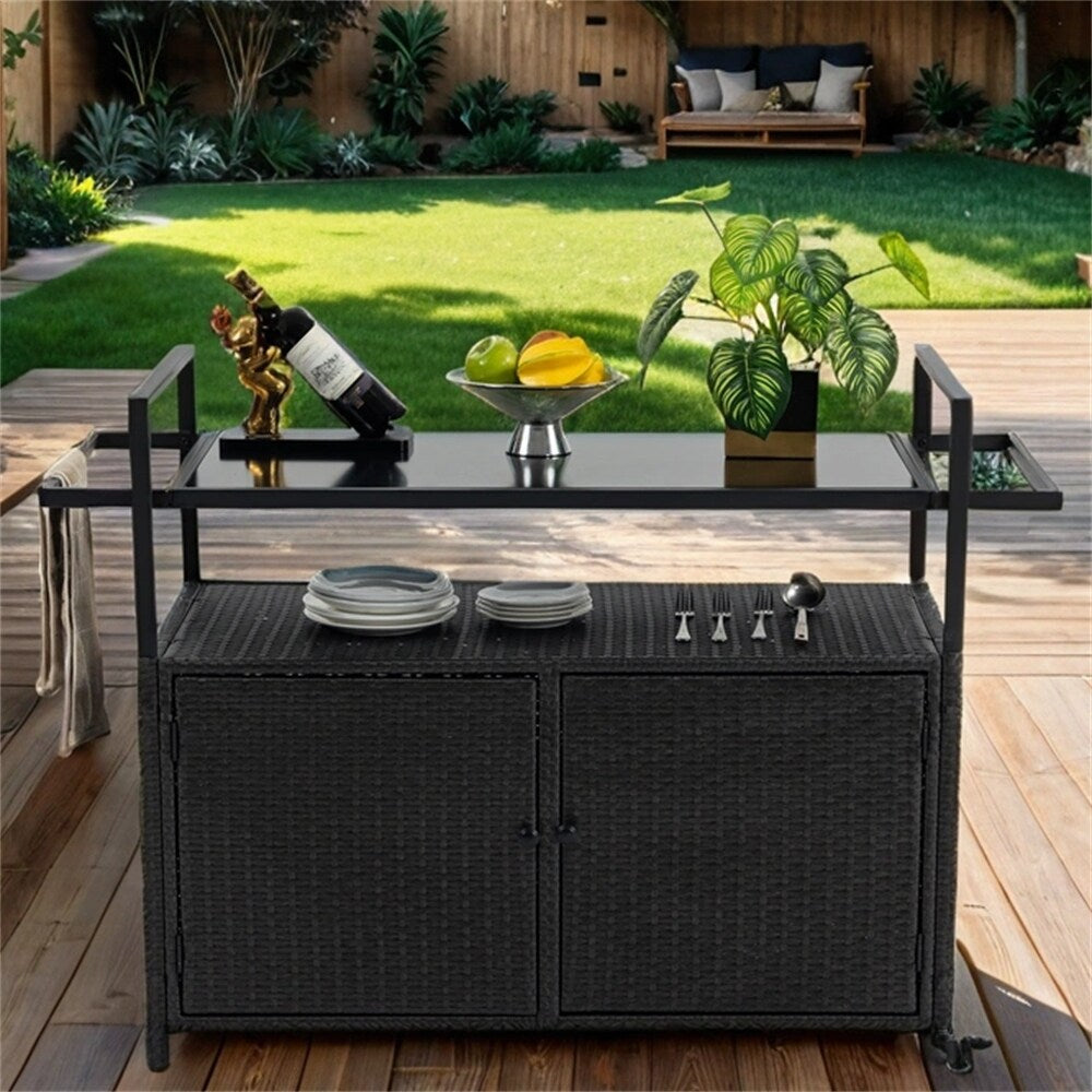 Outdoor Wicker Bar Cart,Patio Wine Serving Cart w/Wheels, Rolling