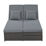 Outdoor Gray Wicker Double Chaise Lounge with Adjustable Backrest