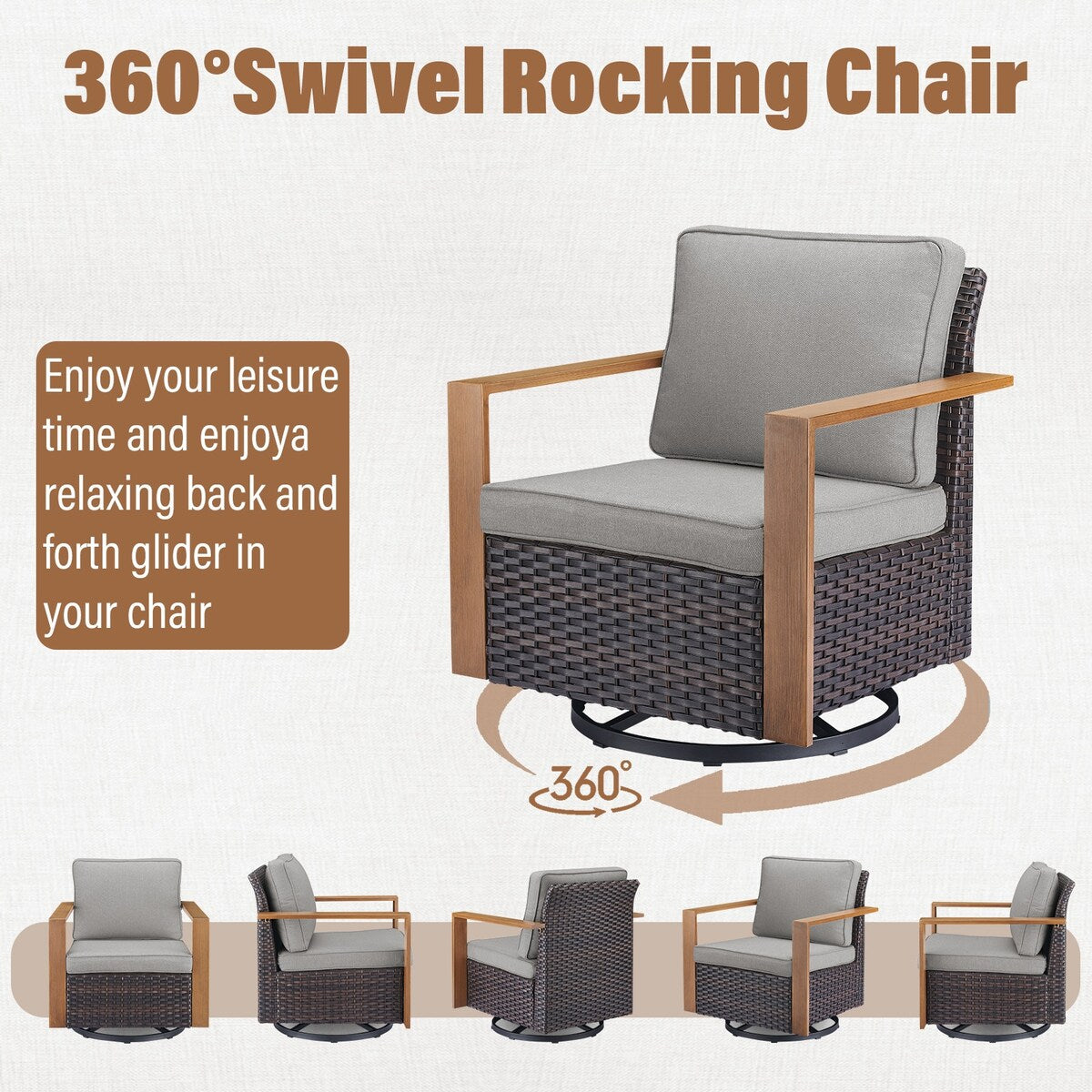 Gymojoy Outdoor Wicker Rattan Swivel Chair - Brown