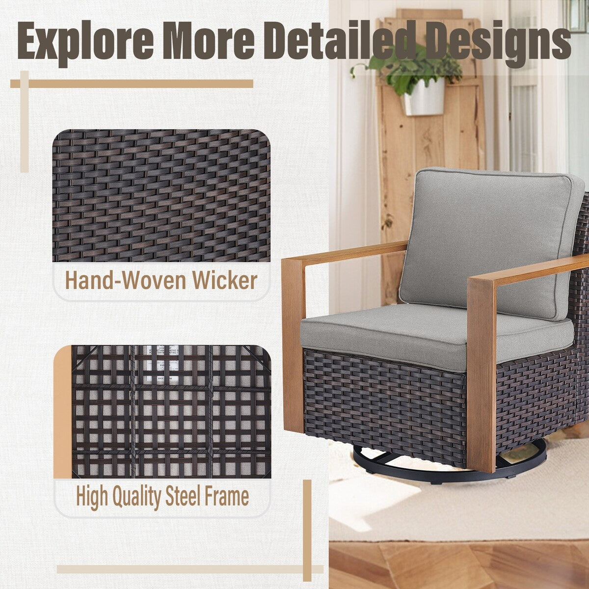Gymojoy Outdoor Wicker Rattan Swivel Chair - Brown