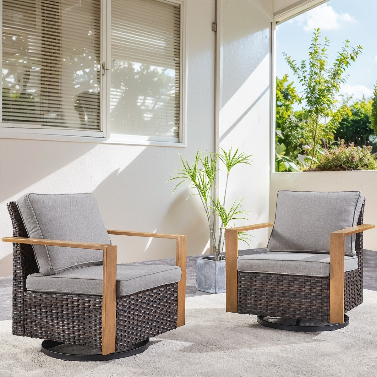 Outdoor Wicker Swivel Rocking Chairs - Brown