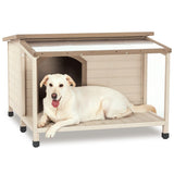 Outdoor fir wood dog house with an open roof for medium to large dogs. Dog house with large terrace
