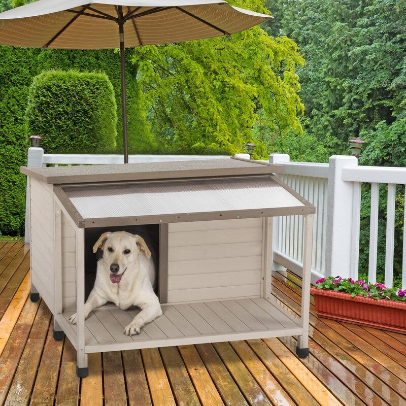 Outdoor fir wood dog house with an open roof for medium to large dogs. Dog house with large terrace