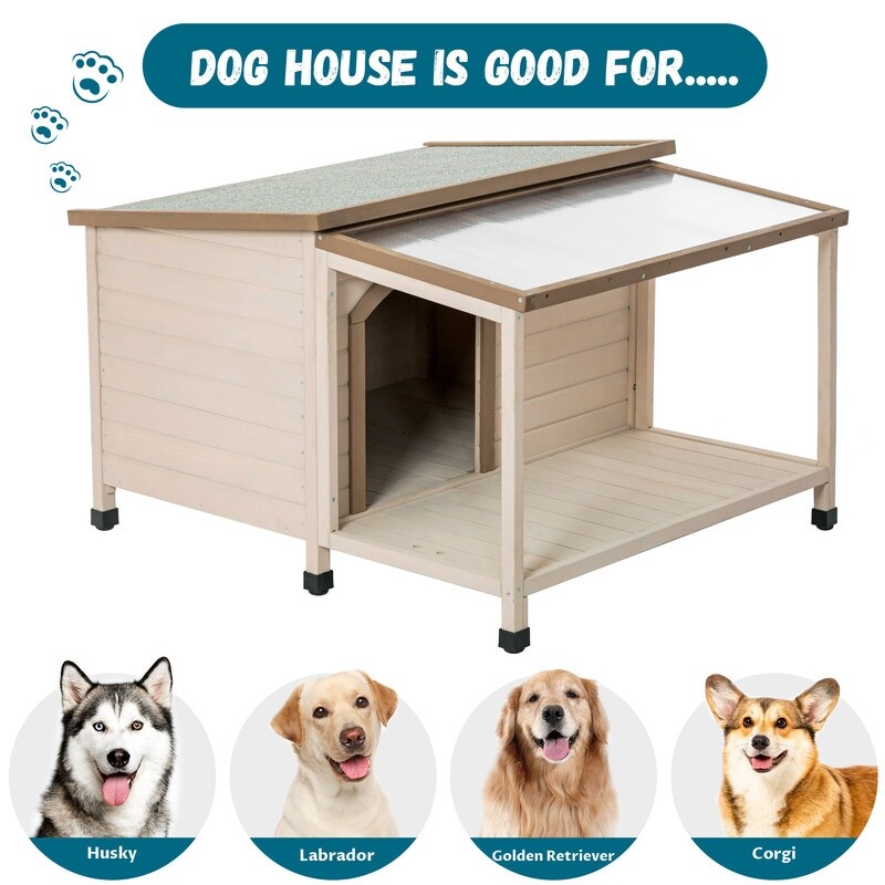 Outdoor fir wood dog house with an open roof for medium to large dogs. Dog house with large terrace