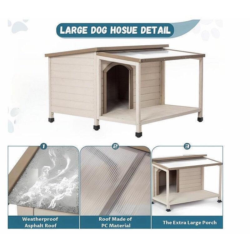 Outdoor fir wood dog house with an open roof for medium to large dogs. Dog house with large terrace