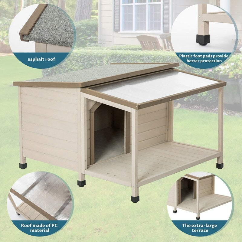 Outdoor fir wood dog house with an open roof for medium to large dogs. Dog house with large terrace