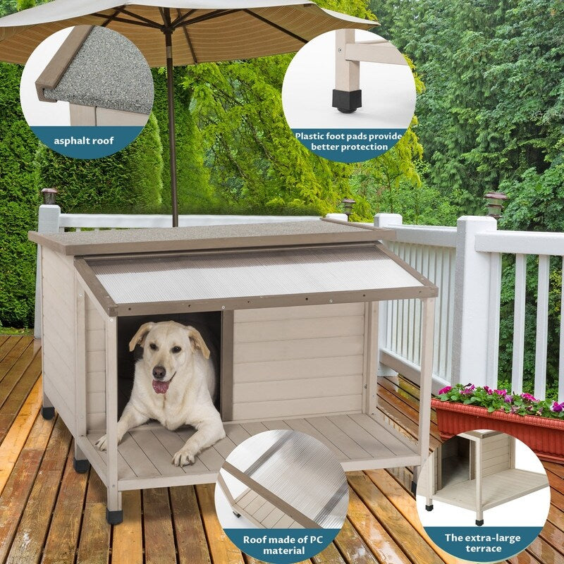 Outdoor fir wood dog house with an open roof for medium to large dogs. Dog house with large terrace