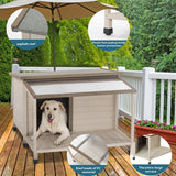 Outdoor fir wood dog house with an open roof for medium to large dogs. Dog house with large terrace
