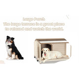 Outdoor fir wood dog house with an open roof for medium to large dogs. Dog house with large terrace