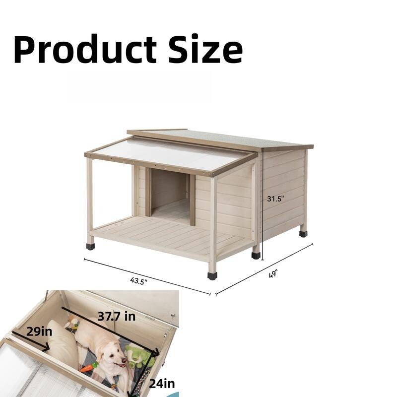 Outdoor fir wood dog house with an open roof for medium to large dogs. Dog house with large terrace
