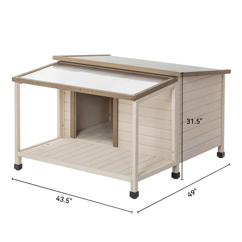 Outdoor fir wood dog house with an open roof for medium to large dogs. Dog house with large terrace