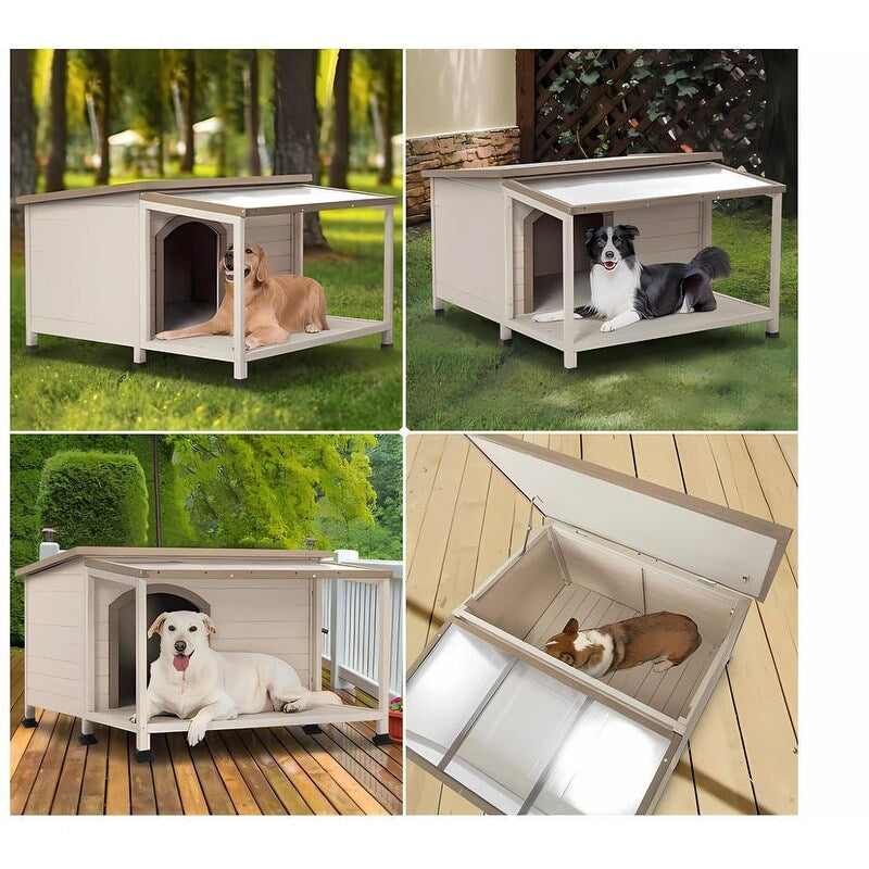 Outdoor fir wood dog house with an open roof for medium to large dogs. Dog house with large terrace