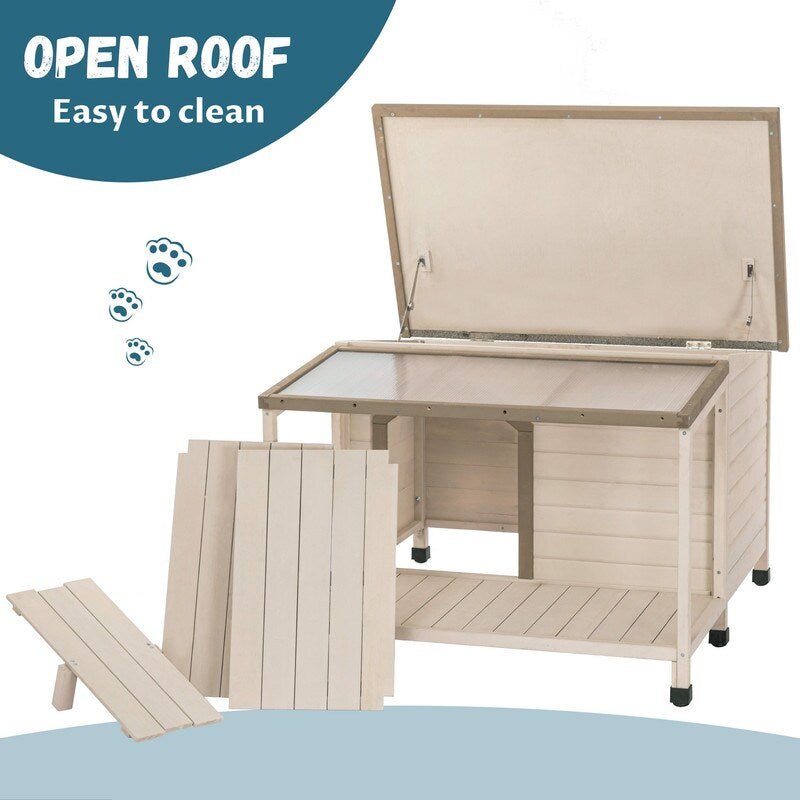 Outdoor fir wood dog house with an open roof for medium to large dogs. Dog house with large terrace